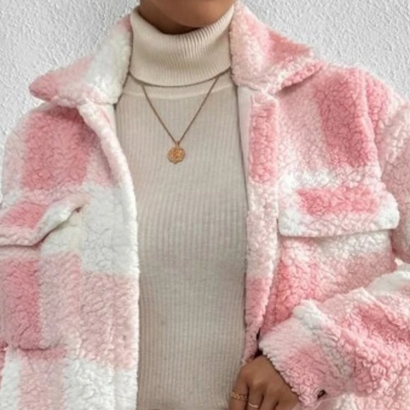 Plaid Flap Pocket cozy comfy Teddy Coat Shacket Pink - Picture 6 of 7